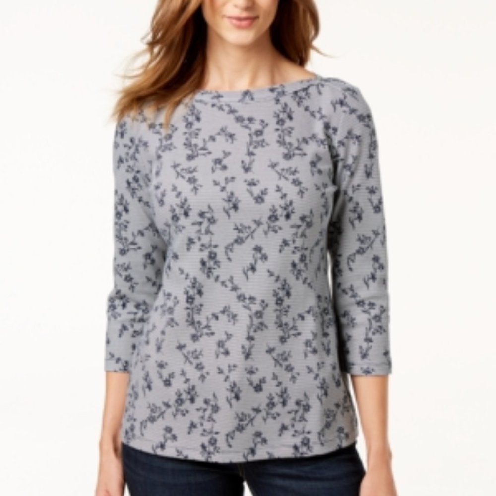 Karen Scott Boat-Neck Printed Striped Top L
